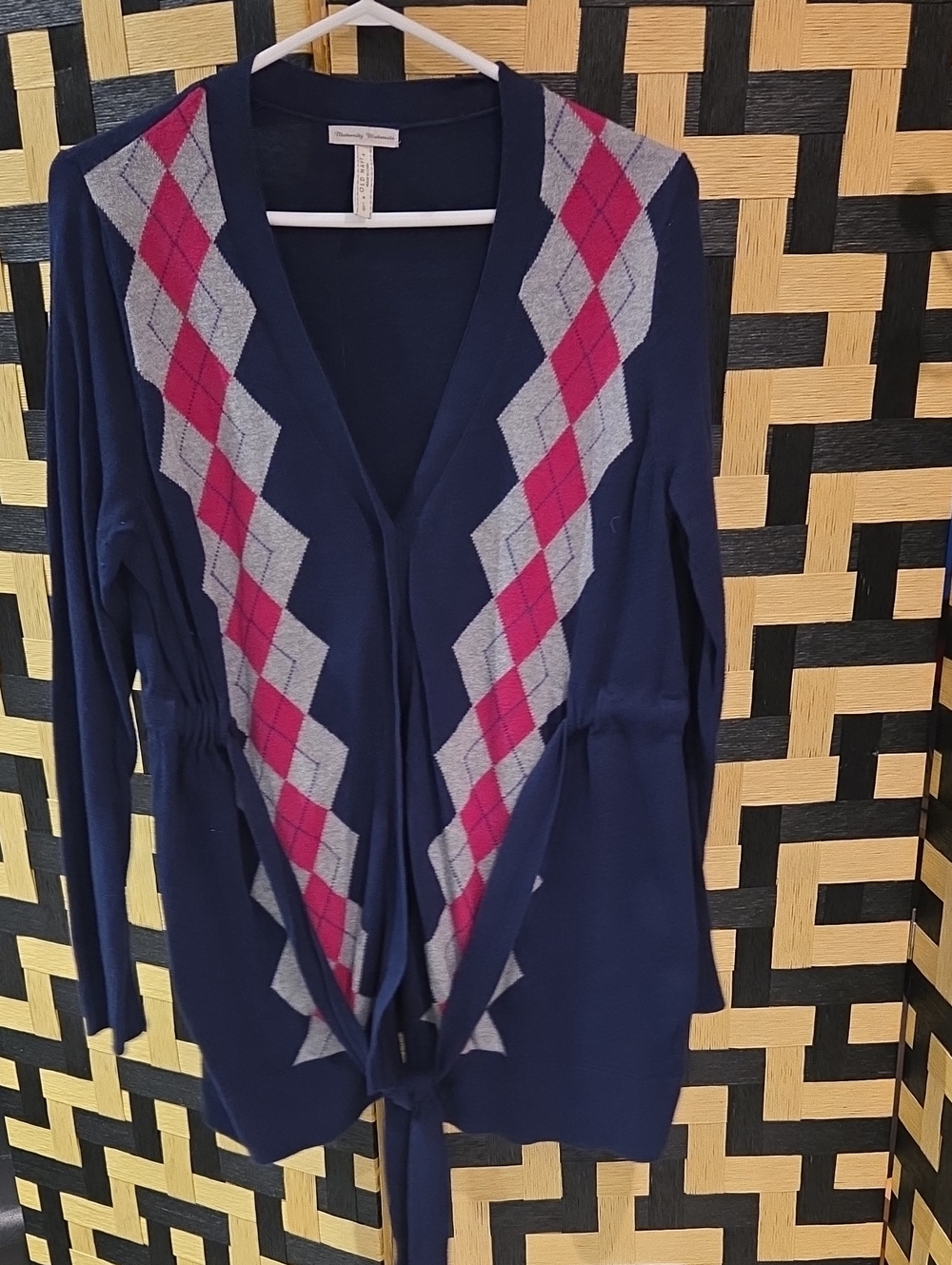 Old Navy Navy Blue Argyle Cardigan with Pink and Light Gray Accents